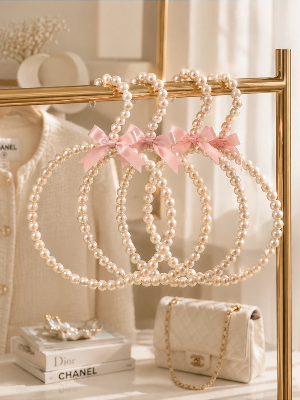 Pearl Beaded Pink Bow Hanger - Women Accessories- Set of 5